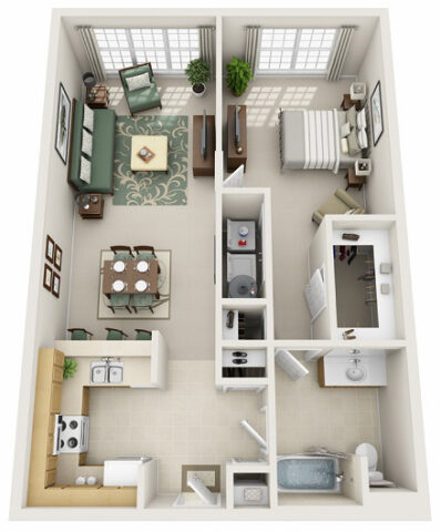 3D floor plan of 1B, a one-bedroom apartment with an open living and dining area, full kitchen with breakfast bar, one large bathrooms, one walk-in closet, and in-unit washer and dryer.