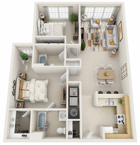 3D floor plan of 2A, a one-bedroom apartment with an open living and dining area, full kitchen with breakfast bar, two bathrooms, one walk-in closet, and in-unit washer and dryer.