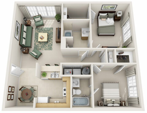 3D floor plan of 2B, a two-bedroom apartment with a living and dining area, full kitchen with breakfast bar, two bathrooms, two walk-in closets, and in-unit washer and dryer.