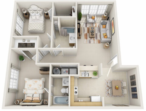 3D floor plan of 2C, a two-bedroom apartment with a closed off living and dining area, full kitchen with breakfast bar, two bathrooms, two walk-in closets, and in-unit washer and dryer.