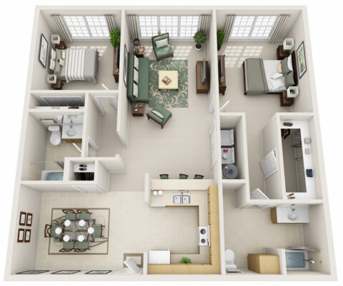 3D floor plan of 2D, a two-bedroom apartment with an open living room and full dining area adjacent to full kitchen with breakfast bar, two bathrooms, one walk-in closet, and in-unit washer and dryer.