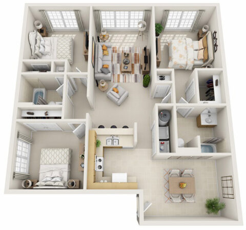 3D floor plan of 3A, a three-bedroom apartment with an open living room and full dining area adjacent to full kitchen with breakfast bar, two bathrooms, one walk-in closet, and in-unit washer and dryer.