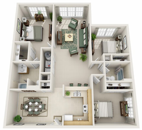 3D floor plan of 3B, a three-bedroom apartment with an open living room and full dining area adjacent to full kitchen with breakfast bar, two bathrooms, one walk-in closet, and in-unit washer and dryer.