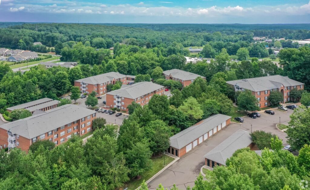 Aerial view of brick apartment exterior buildings