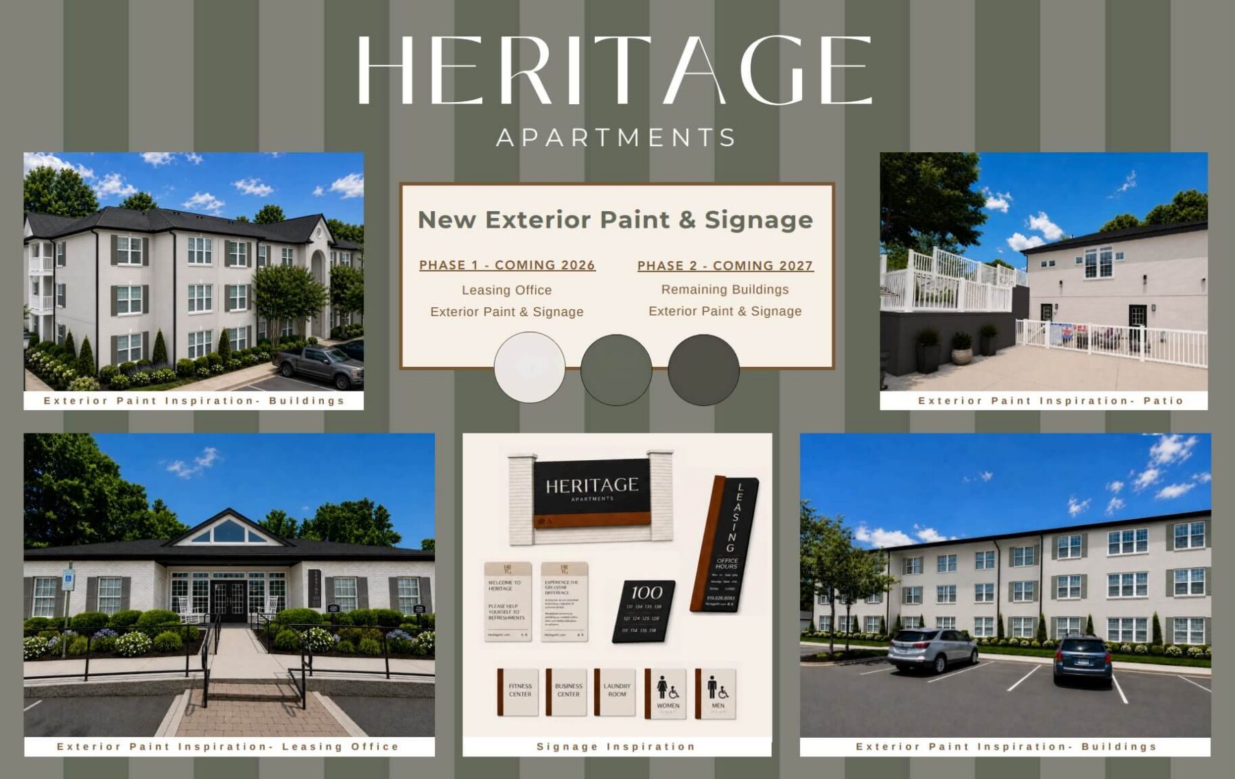 Heritage Apartments exterior renovation plan featuring new gray and white paint options, sample signage designs, and photos of building exteriors, leasing office, and patio areas, with labeled phases for updates in 2024 and 2027.